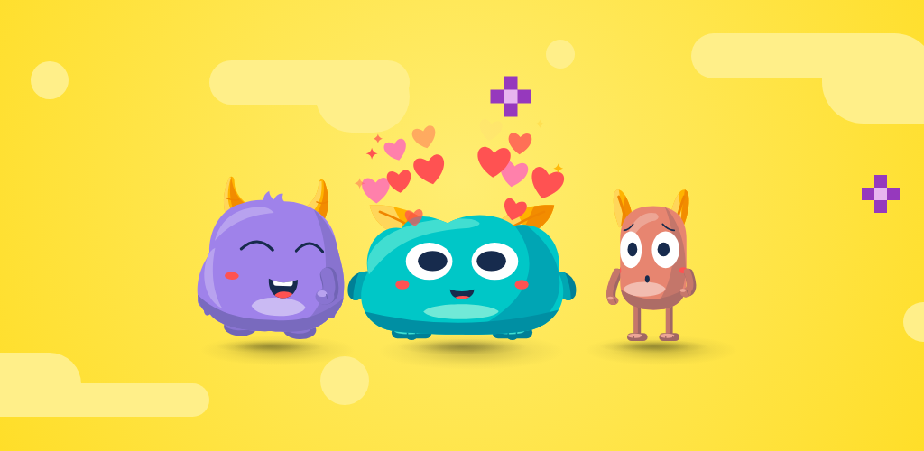 Three Mochis from the Medigotchi app — Taro, Turquoise and Peach — on a sunny yellow background with floating hearts